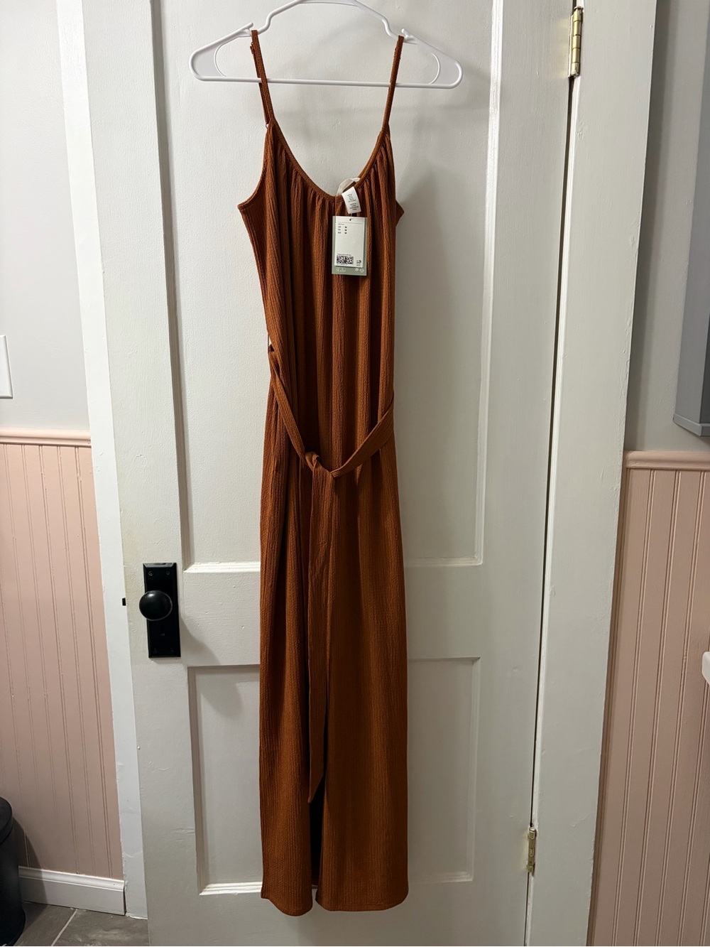 Rust Wide-Leg Jumpsuit with Tie Waist